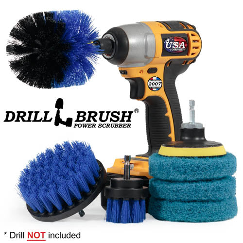 The Medium Blue 42O Marine & Pool Brush Kit with three Stiff 4 inch Pads and a 3 inch backer. The Original brush is in a cordless drill.