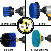 The Medium Blue 2 inch Short, 4 inch, and Original brushes, as well as the Stiff Blue 4 inch Pad in cordless drills.