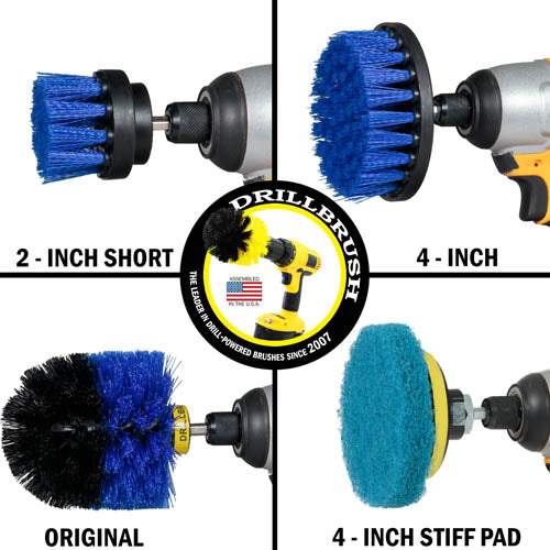 The Medium Blue 2 inch Short, 4 inch, and Original brushes, as well as the Stiff Blue 4 inch Pad in cordless drills.