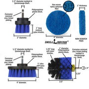 Specs for the Medium Blue Original, 4 inch, and 2 inch Short drill brushes, as well as the Stiff Blue 4 inch scrubbing pad.