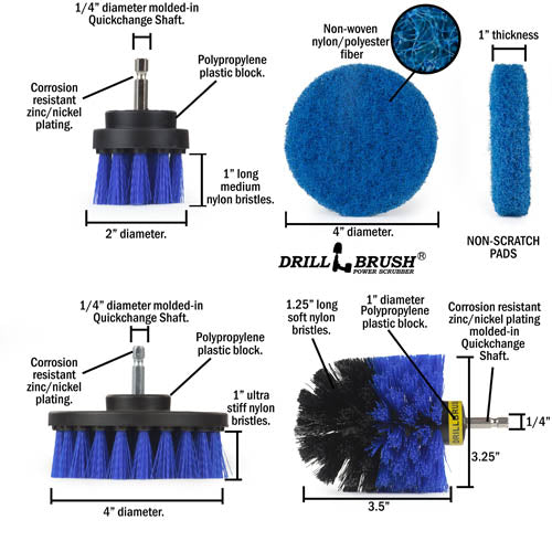 Specs for the Medium Blue Original, 4 inch, and 2 inch Short drill brushes, as well as the Stiff Blue 4 inch scrubbing pad.