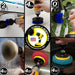Actions shots of a Medium Blue Original drill brush cleaning a boat ladder, a Medium Blue 4 inch drill brush cleaning the stern of a boat, a Medium Blue 2 inch Short drill brush cleaning boat trim, a Very Soft white scrubbing pad cleaning a mirror, a Moderate Red scrubbing pad cleaning a sink, and a Stiff Blue scrubbing pad cleaning a frying pan.