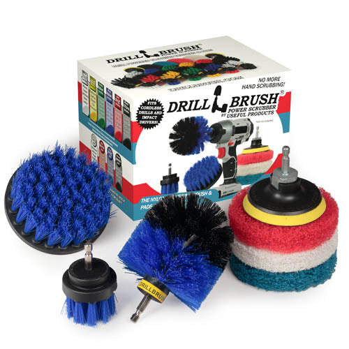 The Medium Blue Drillbrush 42O Marine & Pool Brush Kit with three Variety 4 inch Scrubbing Pads in front of it's packaging.