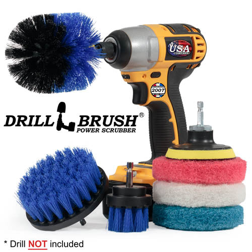 The Medium Blue 42O Marine & Pool Brush Kit with Very Soft, Moderate, and Stiff 4 inch Pads and a 3 inch backer. The Original brush is in a cordless drill.