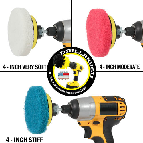 The Very Soft White, Moderate Red, and Stiff Blue scrubbing pads in cordless drills.