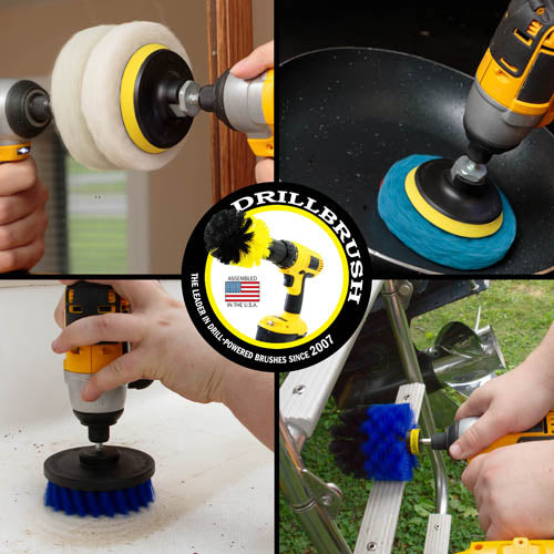 Actions shots of a Medium Blue Original drill brush cleaning a boat ladder, a Medium Blue 4 inch drill brush cleaning the stern of a boat, a Very Soft white scrubbing pad cleaning a mirror, and a Stiff Blue scrubbing pad cleaning a frying pan.