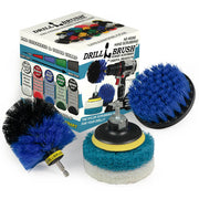 The Medium Blue Drillbrush 4O Marine & Pool Brush Kit with two Variety 4 inch Scrubbing Pads in front of it's packaging.