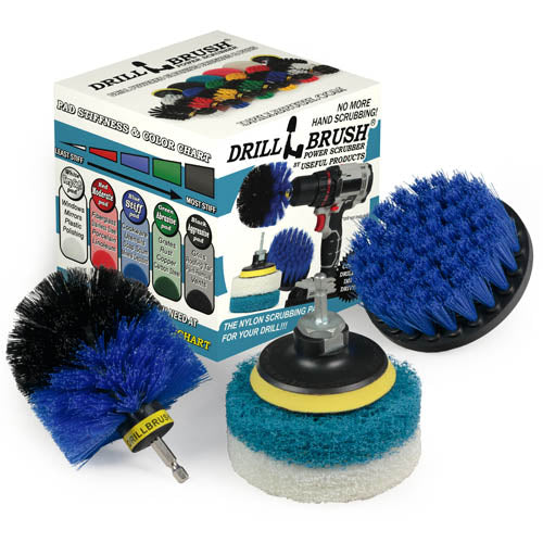 The Medium Blue Drillbrush 4O Marine & Pool Brush Kit with two Variety 4 inch Scrubbing Pads in front of it's packaging.