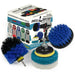 The Medium Blue Drillbrush 4O Marine & Pool Brush Kit with two Variety 4 inch Scrubbing Pads in front of it's packaging.