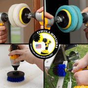 Actions shots of a Medium Blue Original drill brush cleaning a boat ladder, a Medium Blue 4 inch drill brush cleaning the stern of a boat, a Very Soft white and Soft Light Blue scrubbing pads cleaning a mirror.