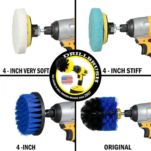 The Medium Blue 4 inch and Original brushes, as well as the Very Soft White and Soft Light Blue 4 inch Pads in cordless drills.