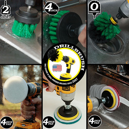 Actions shots of a Medium Green Original drill brush cleaning a drain, a Medium Green 4 inch drill brush cleaning a sink, a Medium Green 2 inch Short drill brush cleaning around a sink, a Very Soft white scrubbing pad cleaning a window, a Moderate Blue scrubbing pad cleaning a tub, and a Stiff Red scrubbing pad cleaning a sink.