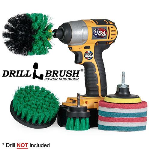 The Medium Green 42O Kitchen Brush Kit with two Very Soft, two Moderate, and two Stiff 4 inch Pads and a 3 inch backer. The Original brush is in a cordless drill.