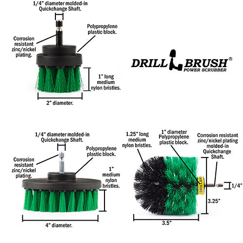 Specs for the Medium Green Original, 4 inch, and 2 inch Short drill brushes.