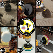 Actions shots of an Ultra Stiff Black Original drill brush cleaning concrete tiles, an Ultra Stiff Black 4 inch drill brush cleaning the hood of a grill, an Ultra Stiff Black 2 inch Short drill brush cleaning an engine, a Very Soft white scrubbing pad cleaning a window, a Moderate Blue scrubbing pad cleaning a tub, and a Stiff Red scrubbing pad cleaning a sink.