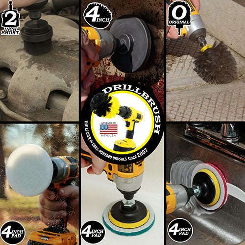 Actions shots of an Ultra Stiff Black Original drill brush cleaning concrete tiles, an Ultra Stiff Black 4 inch drill brush cleaning the hood of a grill, an Ultra Stiff Black 2 inch Short drill brush cleaning an engine, a Very Soft white scrubbing pad cleaning a window, a Moderate Blue scrubbing pad cleaning a tub, and a Stiff Red scrubbing pad cleaning a sink.