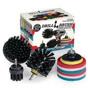 The Ultra Stiff Black Drillbrush 42O Grill & Industrial Brush Kit with six Variety 4 inch Scrubbing Pads in front of it's packaging.