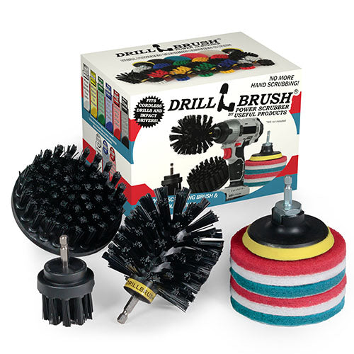 The Ultra Stiff Black Drillbrush 42O Grill & Industrial Brush Kit with six Variety 4 inch Scrubbing Pads in front of it's packaging.