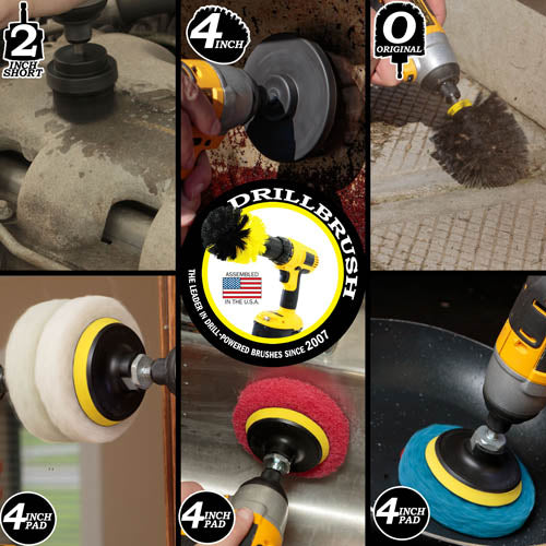 Actions shots of an Ultra Stiff Black Original drill brush cleaning concrete tiles, an Ultra Stiff Black 4 inch drill brush cleaning the hood of a grill, an Ultra Stiff Black 2 inch Short drill brush cleaning an engine, a Very Soft white scrubbing pad cleaning a mirror, a Moderate Red scrubbing pad cleaning a sink, and a Stiff Blue scrubbing pad cleaning a frying pan.