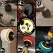 Actions shots of an Ultra Stiff Black Original drill brush cleaning concrete tiles, an Ultra Stiff Black 4 inch drill brush cleaning the hood of a grill, an Ultra Stiff Black 2 inch Short drill brush cleaning an engine, a Very Soft white scrubbing pad cleaning a mirror, a Moderate Red scrubbing pad cleaning a sink, and a Stiff Blue scrubbing pad cleaning a frying pan.