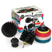 The Ultra Stiff Black Drillbrush 42O Grill & Industrial Brush Kit with three Variety 4 inch Scrubbing Pads in front of it's packaging.