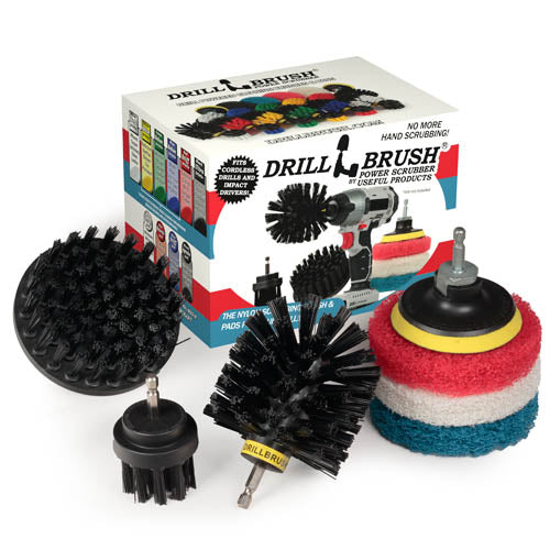 The Ultra Stiff Black Drillbrush 42O Grill & Industrial Brush Kit with three Variety 4 inch Scrubbing Pads in front of it's packaging.