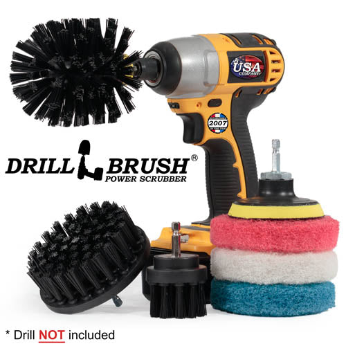 The Ultra Stiff Black 42O Grill & Industrial Brush Kit with Very Soft, Moderate, and Stiff 4 inch Pads and a 3 inch backer. The Original brush is in a cordless drill.