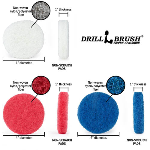 Specs for the Very Shot White, Moderate Red, and Stiff Blue 4 inch scrubbing pads.