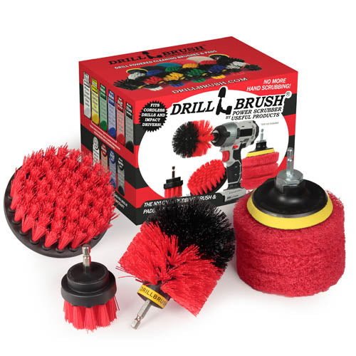 The Stiff Red Drillbrush 42O Outdoor & Patio Brush Kit with three Moderate Red 4 inch Scrubbing Pads in front of it's packaging.