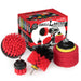 The Stiff Red Drillbrush 42O Outdoor & Patio Brush Kit with three Moderate Red 4 inch Scrubbing Pads in front of it's packaging.