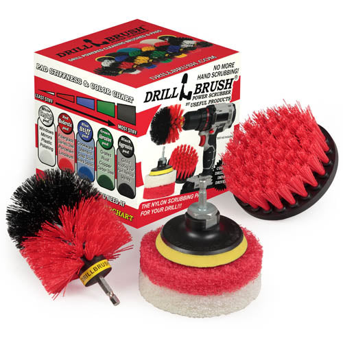 The Stiff Red Drillbrush 4O Outdoor & Patio Brush Kit with two Variety 4 inch Scrubbing Pads in front of it's packaging.