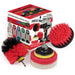 The Stiff Red Drillbrush 4O Outdoor & Patio Brush Kit with two Variety 4 inch Scrubbing Pads in front of it's packaging.