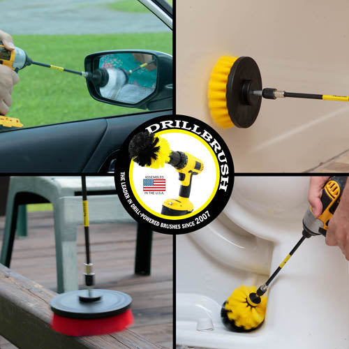Action shots of a Medium Yellow Original brush in a 7 inch extension cleaning the base of a toilet, a Soft White 2 inch Short Drillbrush in a 7 inch extension cleaning a side mirror, a Medium Yellow 4 inch Drillbrush in a 7 inch extension cleaning the outside of a tub, and a Stiff Red 5 inch Drillbrush 7 inch extension cleaning a deck railing.