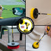 Action shots of a Medium Yellow Original brush in a 7 inch extension cleaning the base of a toilet, a Soft White 2 inch Short Drillbrush in a 7 inch extension cleaning a side mirror, a Medium Yellow 4 inch Drillbrush in a 7 inch extension cleaning the outside of a tub, and a Stiff Red 5 inch Drillbrush 7 inch extension cleaning a deck railing.