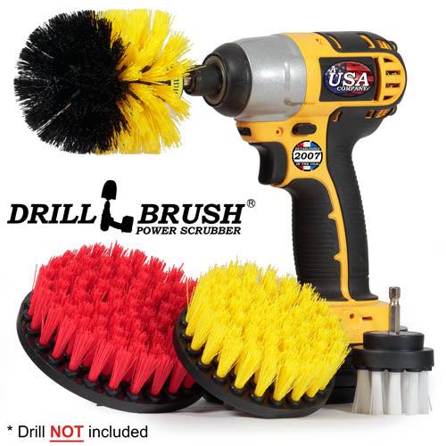 Drillbrush 542O Variety Brush Kit with a Yellow Medium Original brush in a cordless drill.