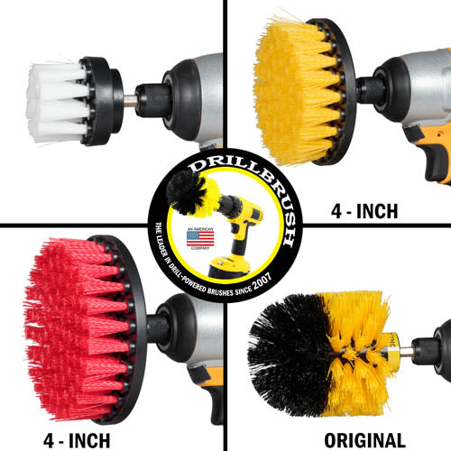 Images of the Drillbrush Soft White 2 inch Short, Medium Yellow 4 inch and Original, and a Stiff Red 5 inch Variety Brushes in cordless drills.