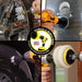 Actions shots of a Soft White Original drill brush cleaning rims, a Soft White 4 inch drill brush cleaning a window, a Soft White 2 inch Short drill brush cleaning a tire, and a Very Soft white scrubbing pad cleaning a mirror.