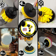 Actions shots of a Medium Yellow Original drill brush cleaning shower shelves, a Medium Yellow 4 inch drill brush cleaning a shower wall, a Medium Yellow 2 inch Short drill brush cleaning an overflow plate, a Very Soft white scrubbing pad cleaning a window, a Moderate Blue scrubbing pad cleaning a tub, and a Stiff Red scrubbing pad cleaning a sink.