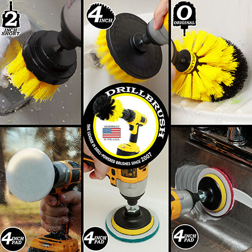 Actions shots of a Medium Yellow Original drill brush cleaning shower shelves, a Medium Yellow 4 inch drill brush cleaning a shower wall, a Medium Yellow 2 inch Short drill brush cleaning an overflow plate, a Very Soft white scrubbing pad cleaning a window, a Moderate Blue scrubbing pad cleaning a tub, and a Stiff Red scrubbing pad cleaning a sink.