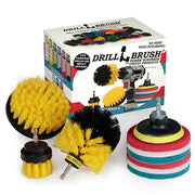 The Medium Yellow Drillbrush 42O Bathroom Brush Kit with six Variety 4 inch Scrubbing Pads in front of it's packaging.