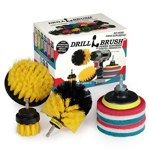 The Medium Yellow Drillbrush 42O Bathroom Brush Kit with six Variety 4 inch Scrubbing Pads in front of it's packaging.