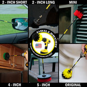 Action shots of a Medium Yellow Original Drillbrush in a 7 inch extension cleaning the base of a toilet, a Soft White 2 inch Short brush in a 7 inch extension cleaning a side mirror, a Medium Green 4 inch brush in a 7 inch extension cleaning cabinets, an Ultra Stiff Black 2 inch Long brush in a 7 inch extension cleaning the body of a grill, a Stiff Red Mini brush in a 7 inch extension cleaning shutters, and a Stiff Red 5 inch brush in a 7 inch extension cleaning a deck railing.