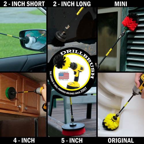 Action shots of a Medium Yellow Original Drillbrush in a 7 inch extension cleaning the base of a toilet, a Soft White 2 inch Short brush in a 7 inch extension cleaning a side mirror, a Medium Green 4 inch brush in a 7 inch extension cleaning cabinets, an Ultra Stiff Black 2 inch Long brush in a 7 inch extension cleaning the body of a grill, a Stiff Red Mini brush in a 7 inch extension cleaning shutters, and a Stiff Red 5 inch brush in a 7 inch extension cleaning a deck railing.