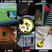 Action shots of a Medium Yellow Original Drillbrush in a 7 inch extension cleaning the base of a toilet, a Soft White 2 inch Short brush in a 7 inch extension cleaning a side mirror, a Medium Green 4 inch brush in a 7 inch extension cleaning cabinets, an Ultra Stiff Black 2 inch Long brush in a 7 inch extension cleaning the body of a grill, a Stiff Red Mini brush in a 7 inch extension cleaning shutters, and a Stiff Red 5 inch brush in a 7 inch extension cleaning a deck railing.
