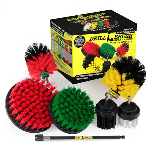 The Drillbrush 542OMS-2L-7X Variety Brush Kit in front of the box it comes in.