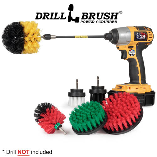 Drillbrush 542OMS-2L-7X Variety Brush Kit with a Yellow Medium Original brush in a 7 inch extension in a cordless drill.