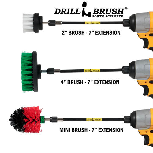 Images of the Drillbrush Soft White 2 inch Short, Medium Green 4 inch, and Stiff Red Mini Variety Brushes in 7 inch extensions in cordless drills.