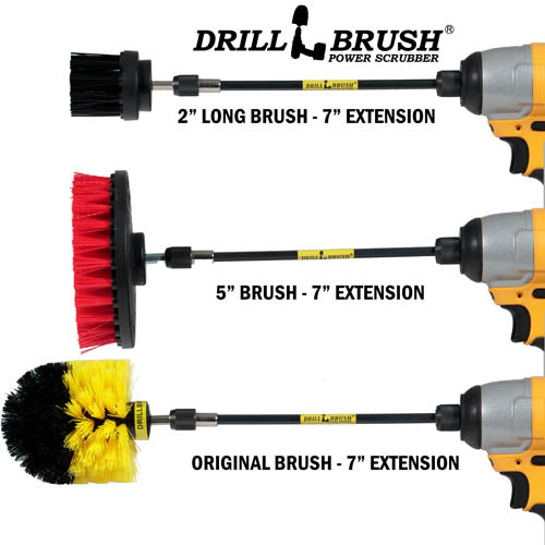 Images of the Drillbrush Ultra Stiff Black 2 inch Long, Medium Yellow Original, and Stiff Red 5 inch Variety Brushes in 7 inch extensions in cordless drills.