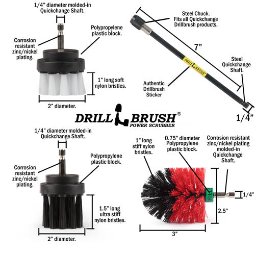 Specs for the Drillbrush Soft White 2 inch Short, Ultra Stiff Black 2 inch Long, and Stiff Red Mini brushes, as well as a 7 inch extension.