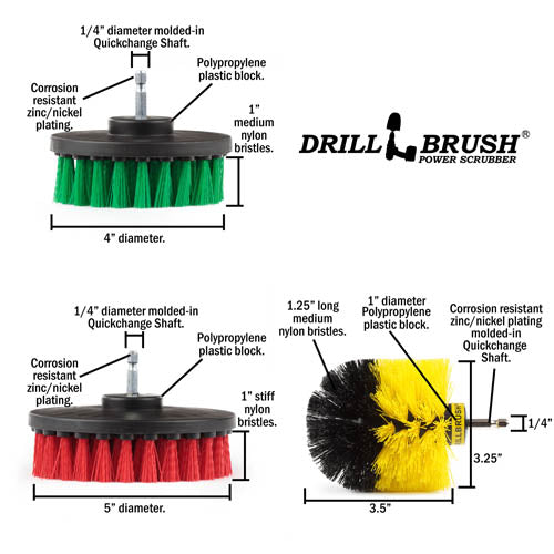 Specs for the Drillbrush Medium Green 4 inch, Stiff Red 5 inch, and Medium Yellow Original brushes.